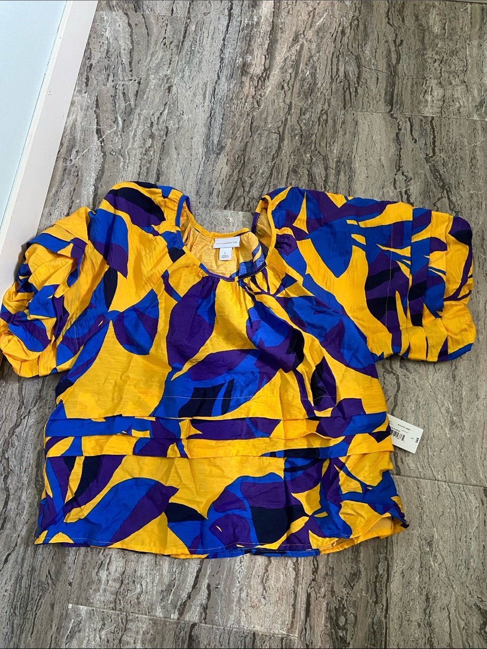 Liz Claiborne Yellow Blue Purple Printed Summer Blouse